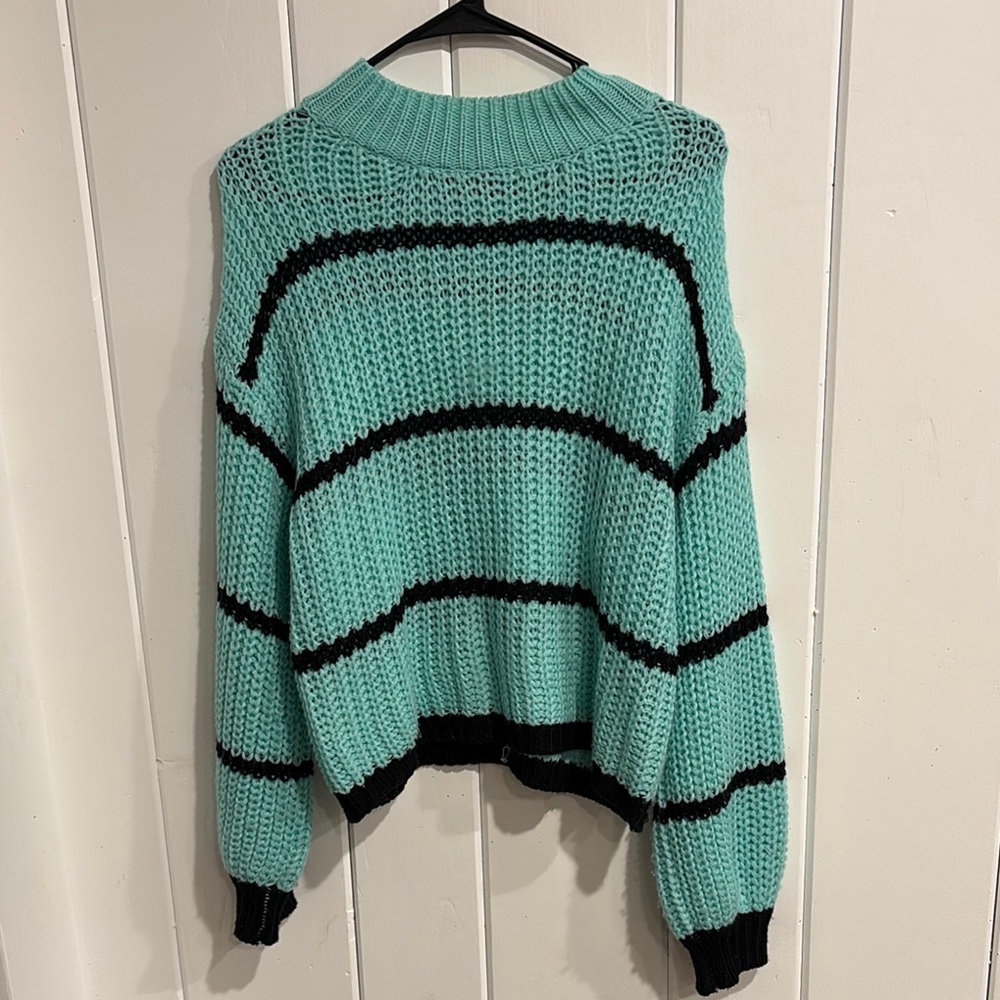 Mint Green and Black Striped Sweater